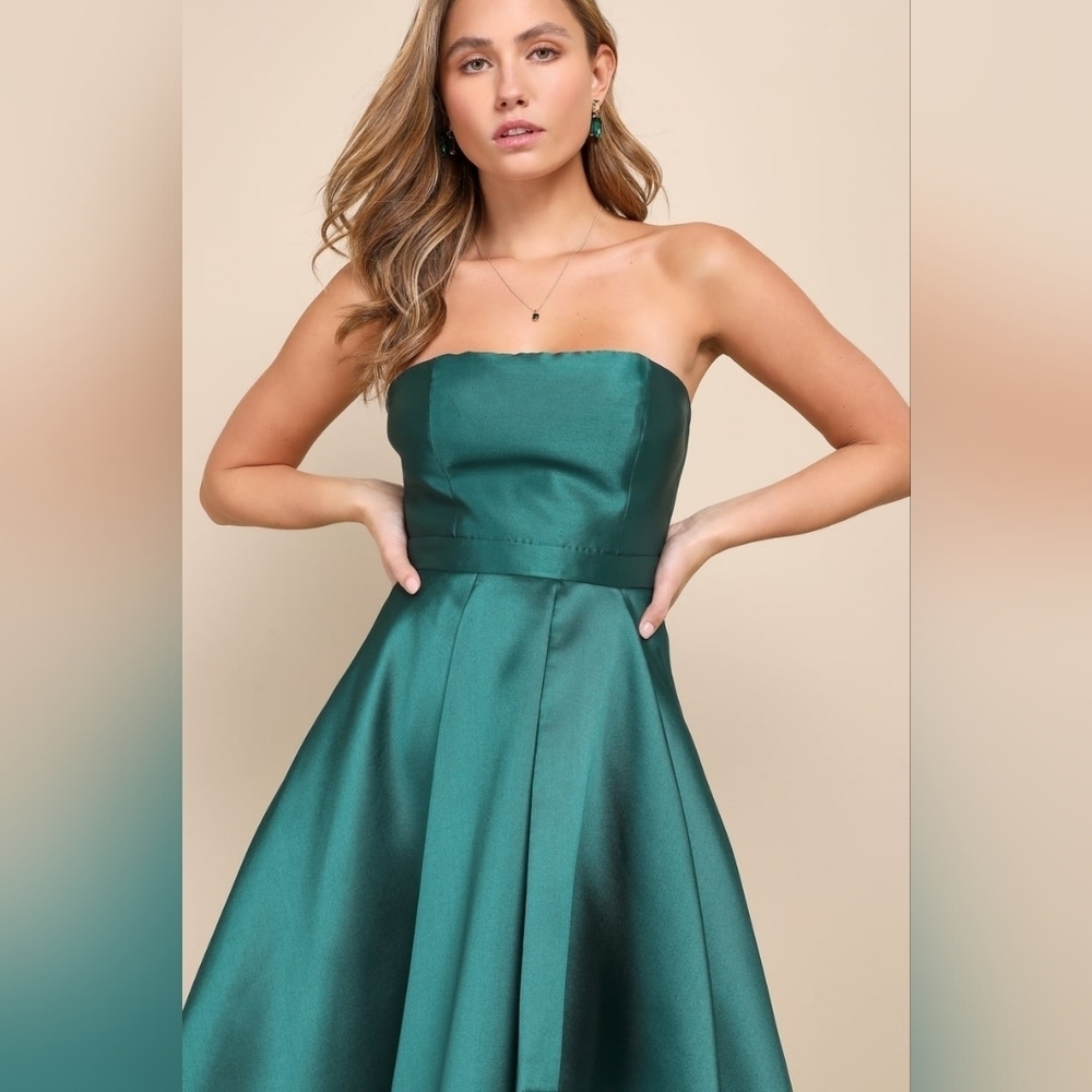 Lulus Broadway Show Emerald Green Strapless High-Low Maxi Dress S Wedding Party - Picture 4 of 9